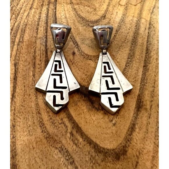 Vintage Sterling Silver 925 Greek Key Meander Dangle Hinged Pierced Earrings - Picture 3 of 6